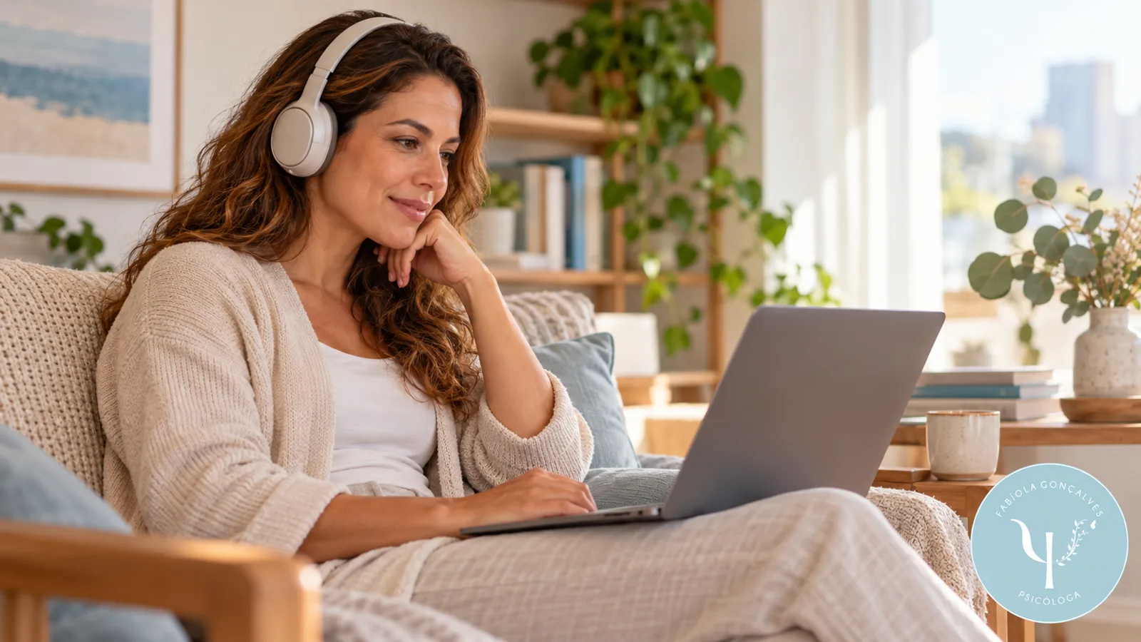 mulher adulta em atendimento psicológico remoto — contexto de psicólogo especialista em tdah adulto online