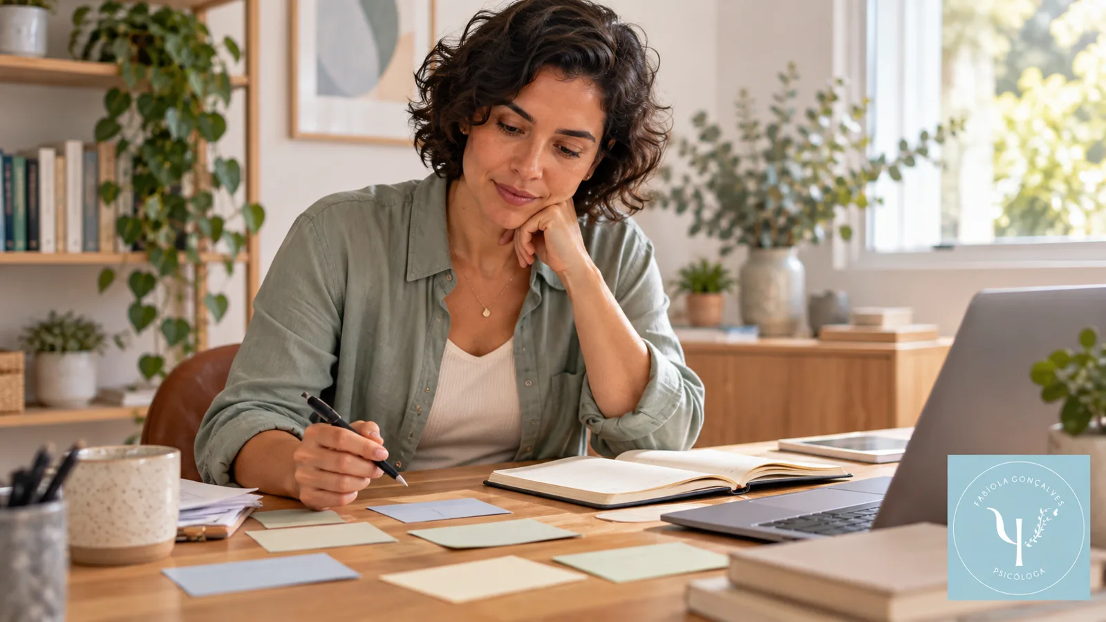 Adulto diante de tarefas e dificuldades de organização relacionadas à procrastinação.